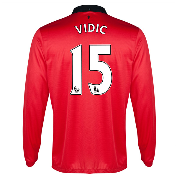 13-14 Manchester United #15 Vidic Home Long Sleeve Jersey Shirt - Click Image to Close